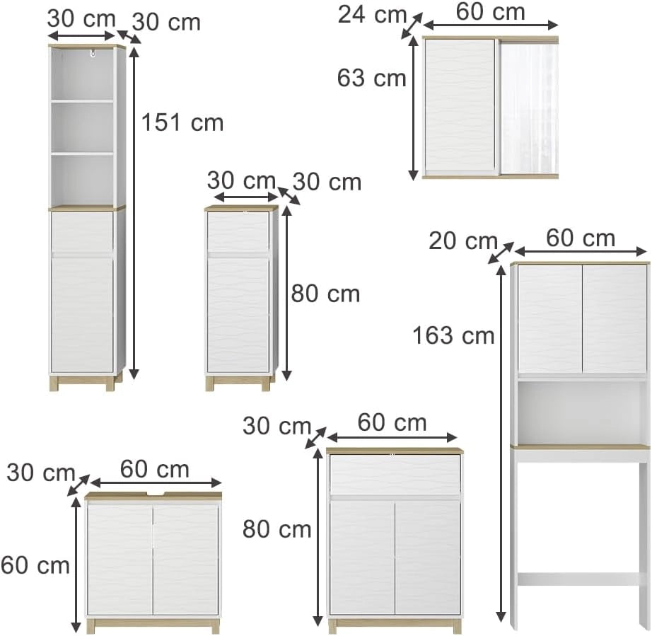 Set di mobili da bagno Livia, Bianco/quercia, 60 cm, composto da armadietto a specchio, base lavabo, 2x colonne medie, colonna alta e mobile WC