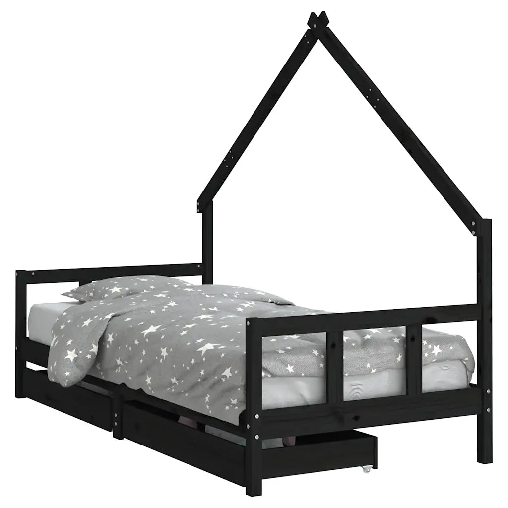 Giroletto Bambini | Letto Infantile | Lettino con Cassetti Nero 90x200cm Massello di Pino