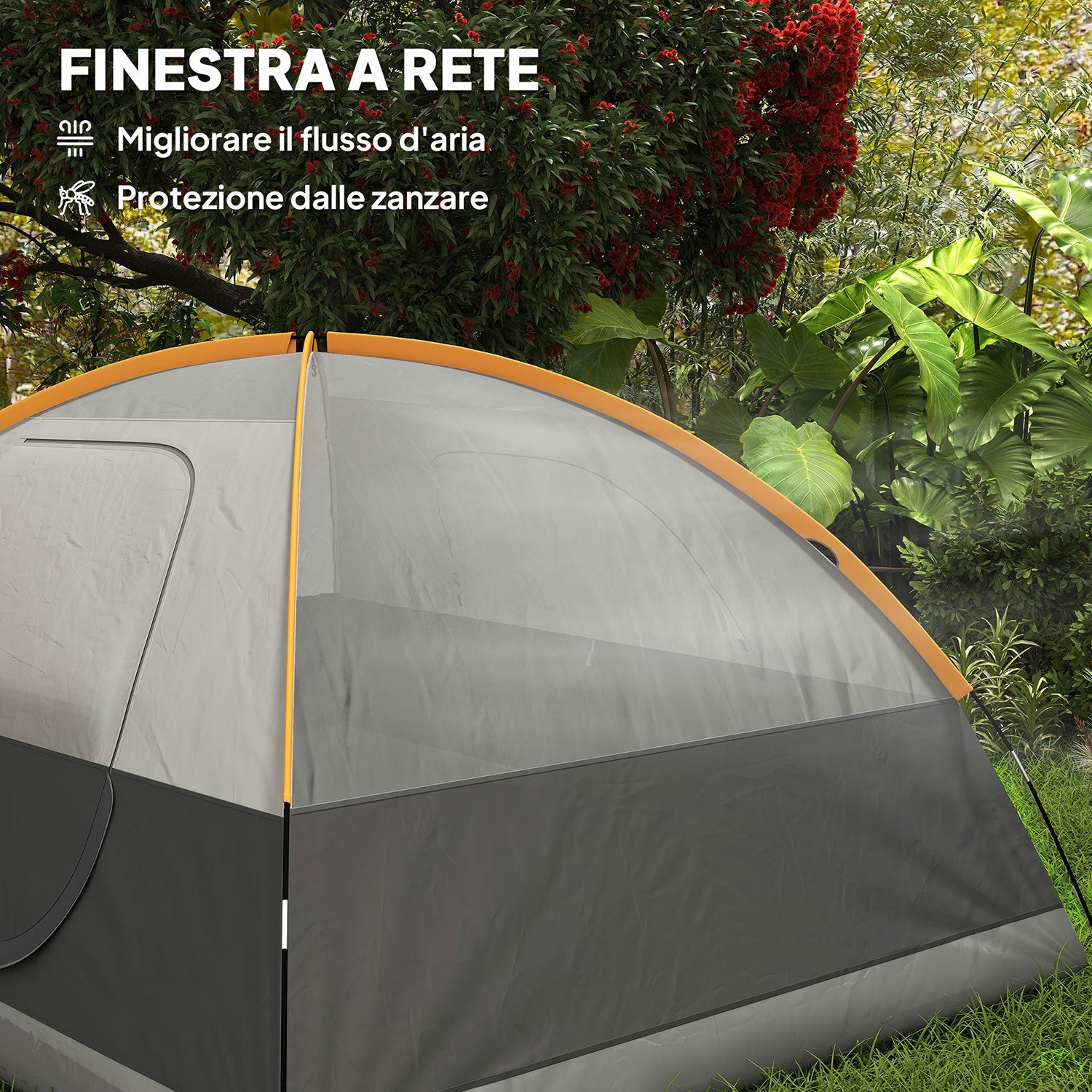 Tenda da Campeggio per 3 Persone Impermeabile 205x275x135H cm con Tasche e Gancio per Lanterna Arancione