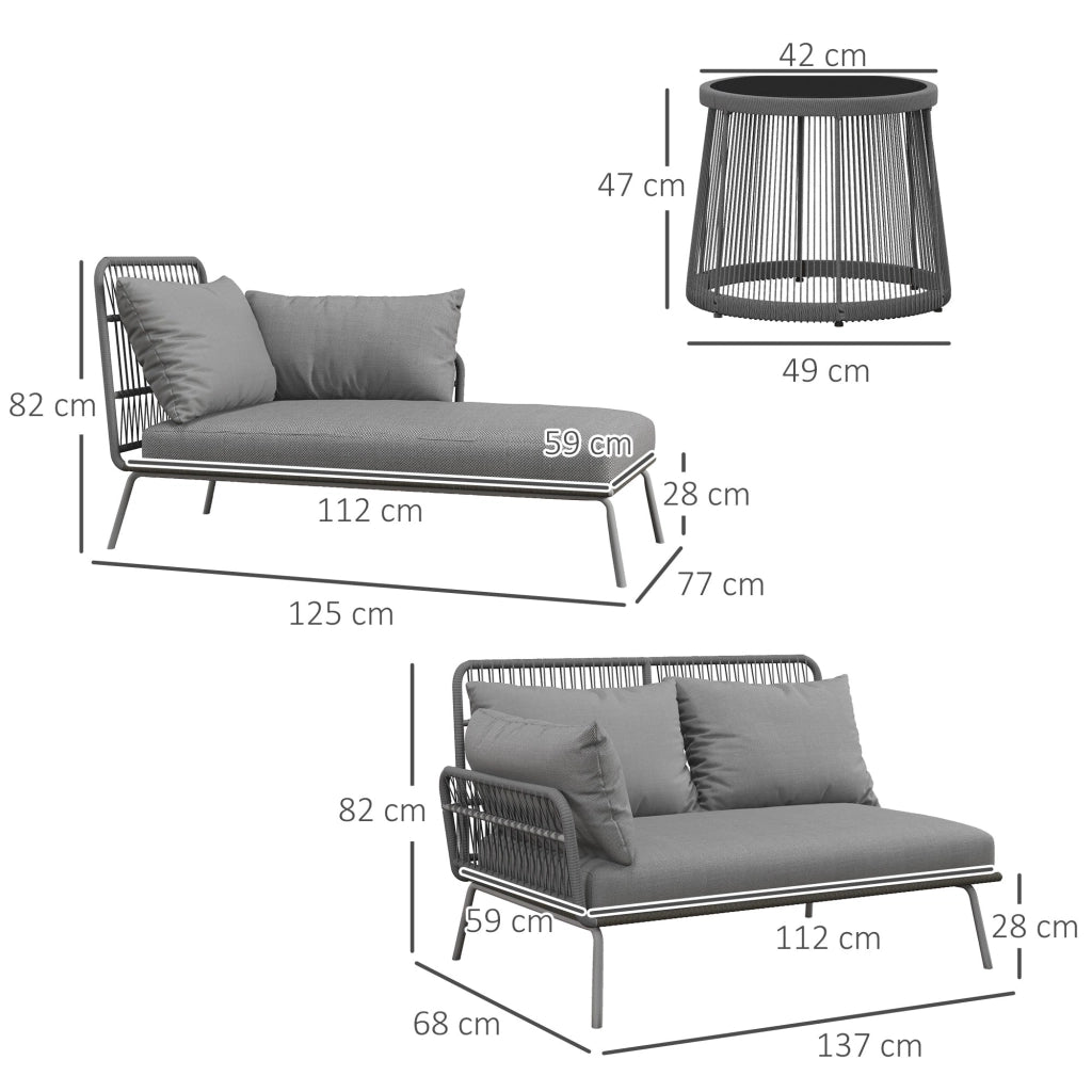 Set da Giardino 3 Pezzi in Stile Boho Divano 2 Posti Chaise Longue e Tavolino in Rattan PE Grigio Chiaro