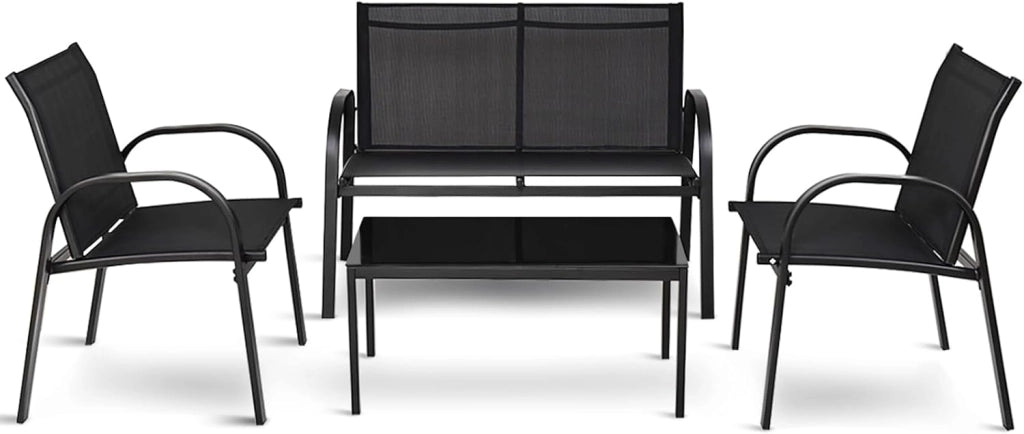 Set da Giardino con 4 Pezzi, Set da Giardino per Chiacchierare, Sedie da Giardino con Tavolino in Vetro, con Struttura Resistente in Ferro, Tessuto a Rete Traspirante (Nero)