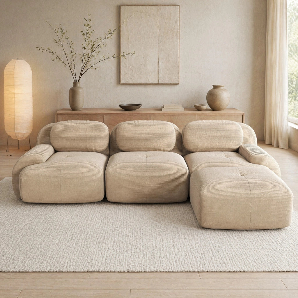 Divano angolare modulare in tessuto a coste beige con imbottitura 32D, senza montaggio e base antiscivolo