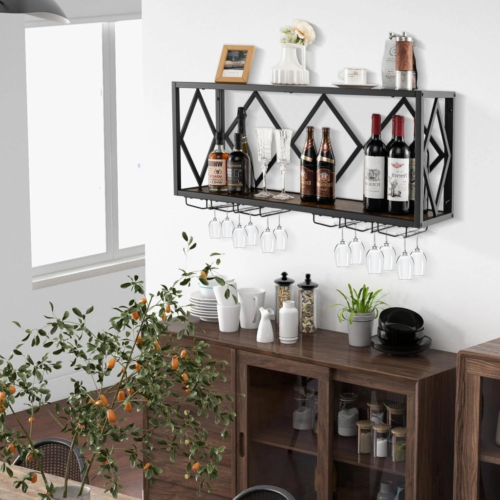 Portabottiglie da Parete, Scaffale per Esposizione di Vino con 6 File di Portabicchieri, Scaffale per Conservare 39 Bottiglie e 12 Bicchieri, Adatto per Cucina, Soggiorno, Sala da Pranzo