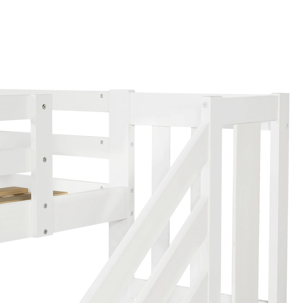 Letto a Soppalco 90x200 cm - Scala Contenitore; LED e Sponda - in Legno Massello e Rosa