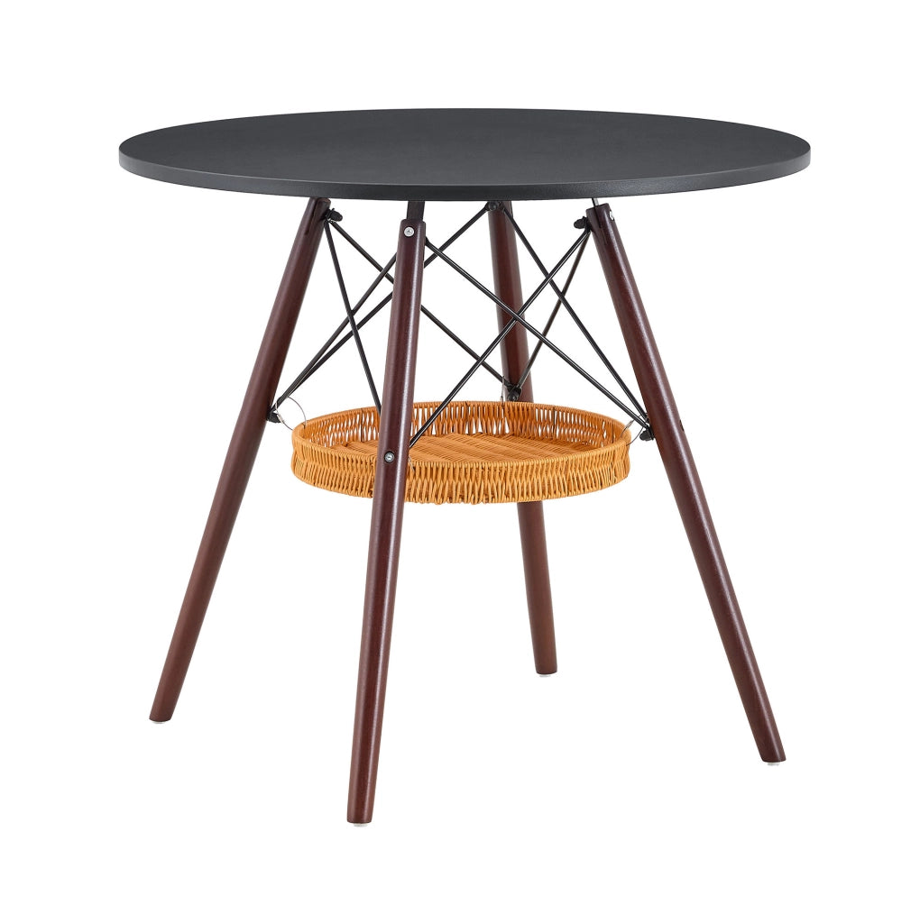 Tavolo rotondo 80 cm in MDF nero con gambe in legno massello effetto noce e cestino sospeso