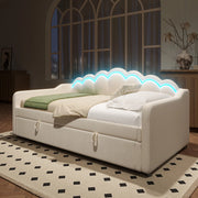 Letto singolo imbottito in velluto con contenitore e LED regolabili, 90x200 cm, beige