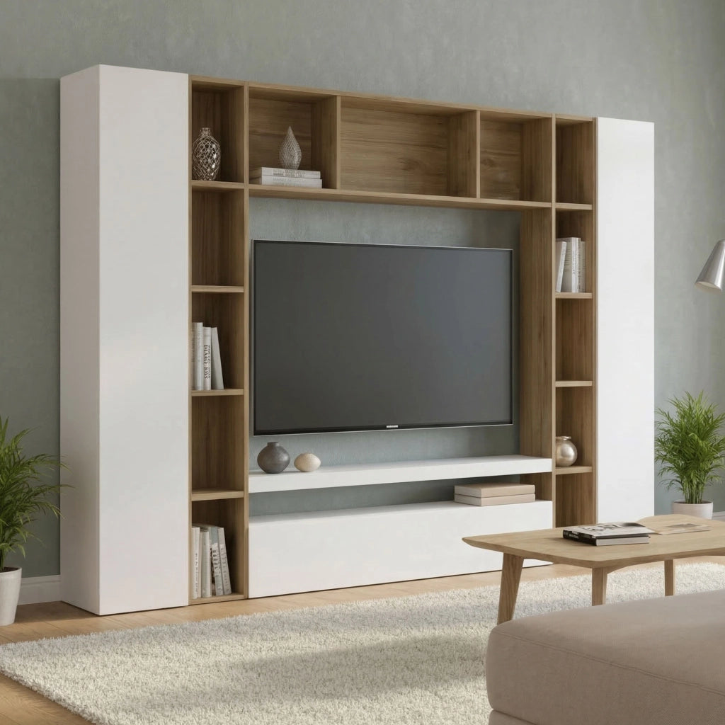 Mobile Soggiorno Austis, Parete Attrezzata 19 Ripiani Made in Italy, 270x35x210h cm Bianco Lucido