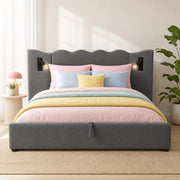 Letto matrimoniale contenitore 180x200 cm con lampada da lettura e porte USB-C; in lino grigio