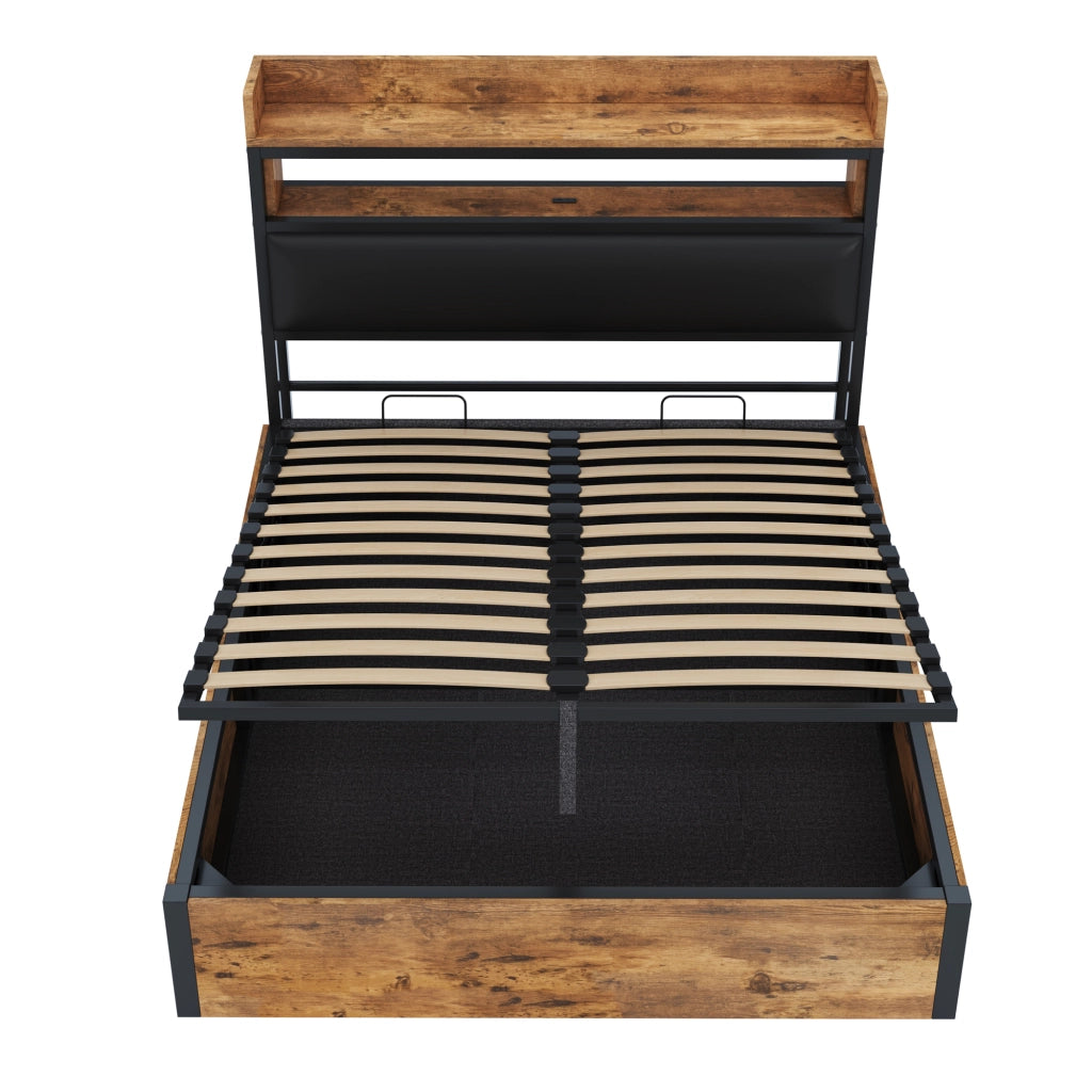 DESMIU Letto contenitore 140 × 200 cm 2 posti con USB, testiera con ripiano, senza materasso, nero