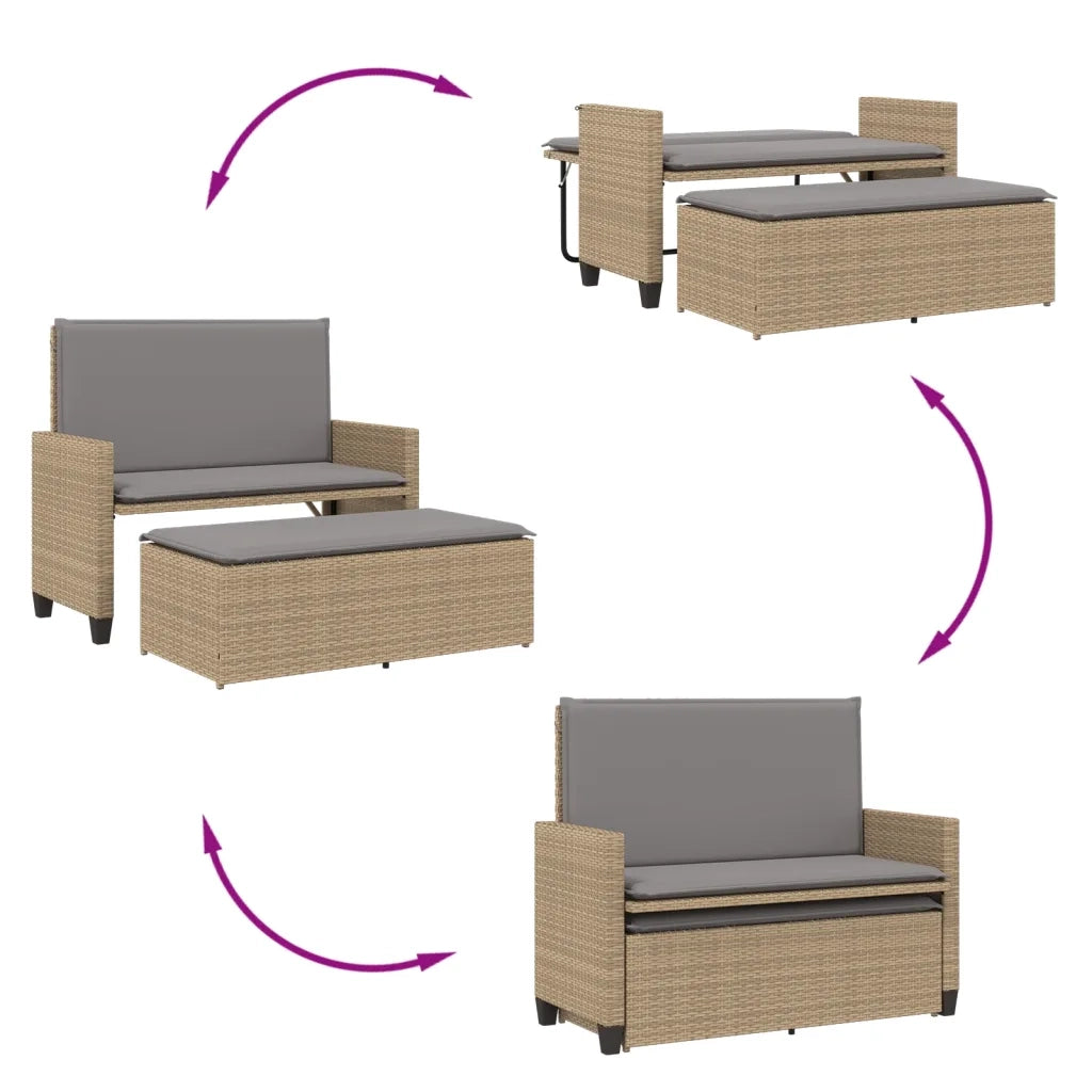 Panca da Giardino con Cuscini e Poggiapiedi-Sgabello-Panca da esterno Beige in Polyrattan 374493