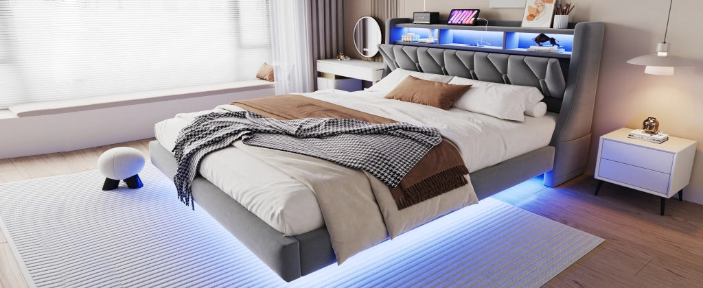 DESMIU Letto imbottito 180 × 200 cm 2 posti con USB, Type-C, LED e vani portaoggetti, senza materasso, grigio