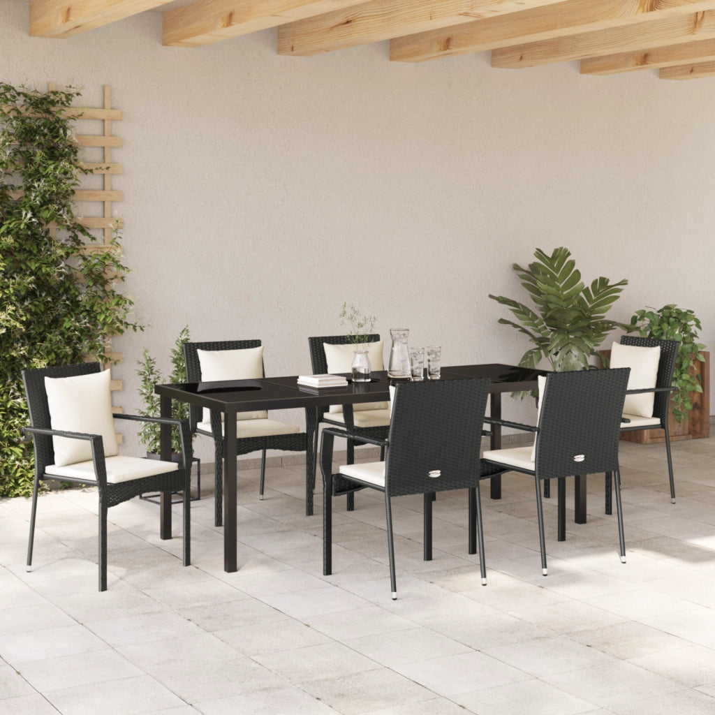 Set da Pranzo da Giardino 7 Pezzi con Cuscini Nero Polyrattan