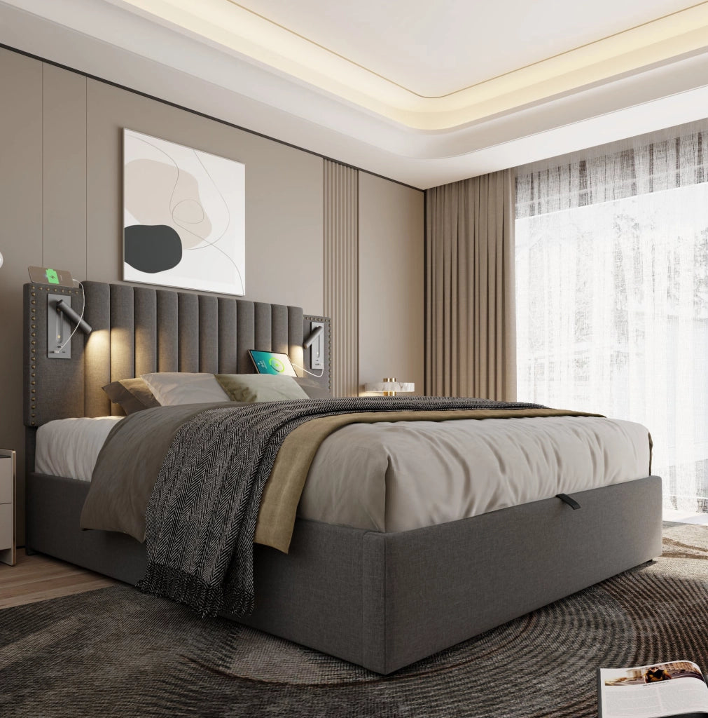 Letto imbottito 140x200 grigio con contenitore e USB-C
