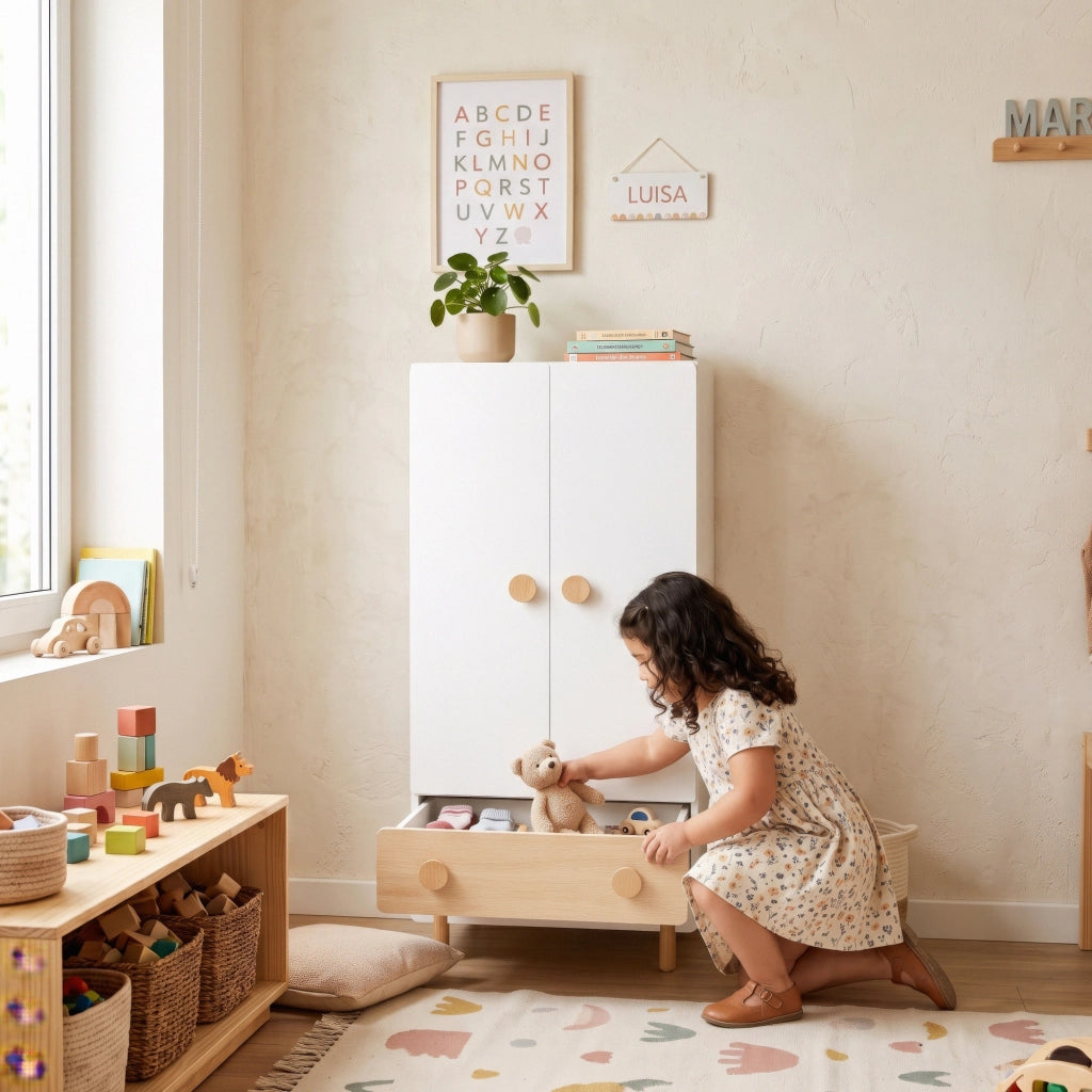 Armadio per Cameretta Vaarentaa a 2 Ante con Cassetto 126x60x41 cm - Bianco/Effetto Rovere [en.casa]