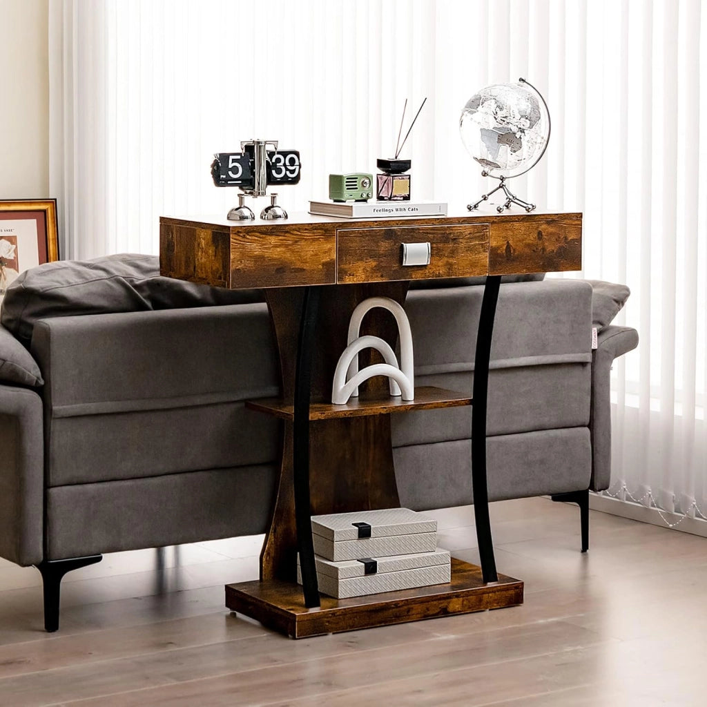 Tavolo consolle a 3 livelli, con cassetto, tavolo d'ingresso in legno con anti-ribaltamento e telaio in metallo, stile industriale, per soggiorno, camera da letto, ingresso, marrone rustico