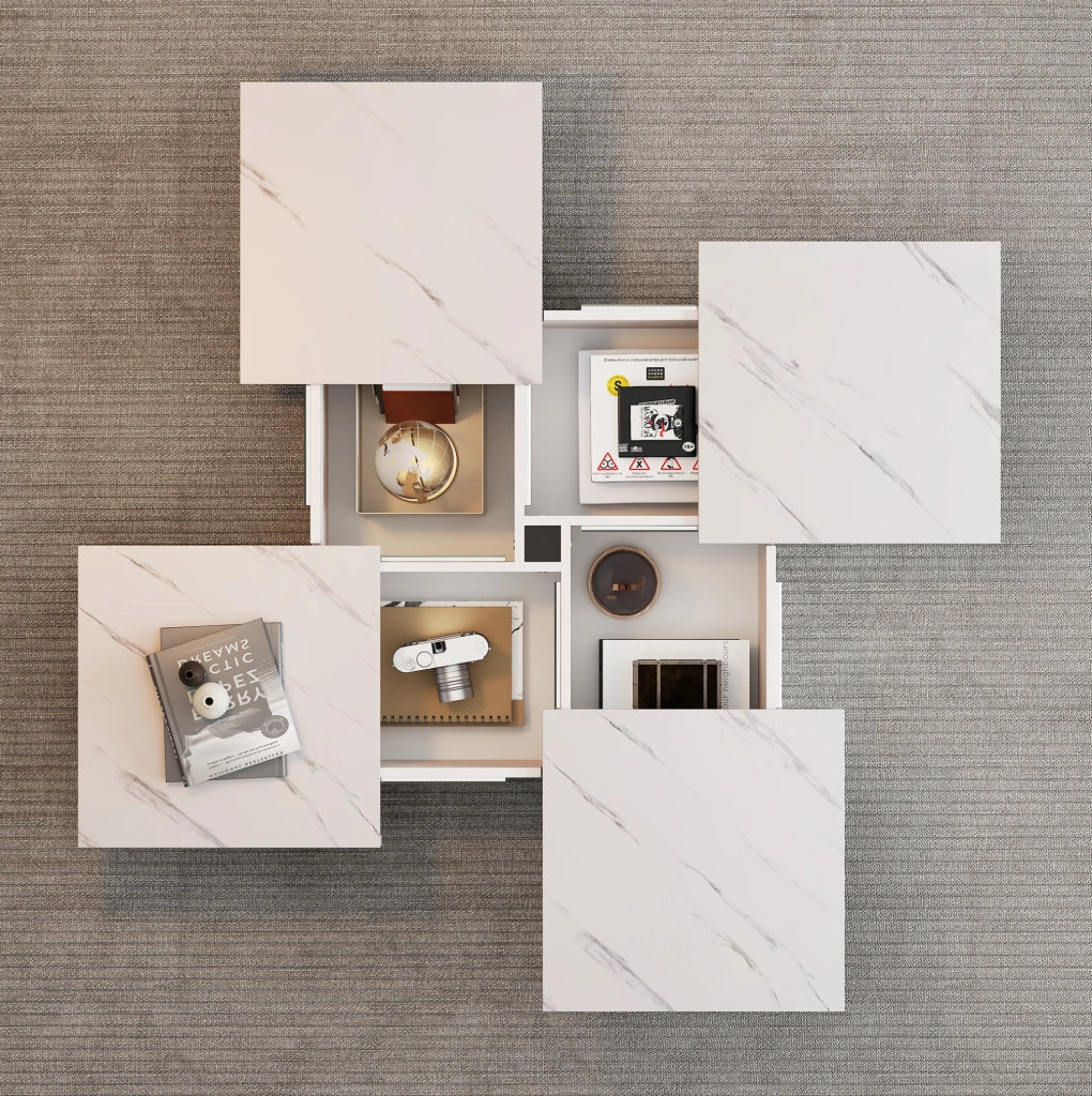 Tavolino da caffè quadrato bianco 90 x 90 x 25 cm in truciolare; effetto marmo; con 4 cassetti