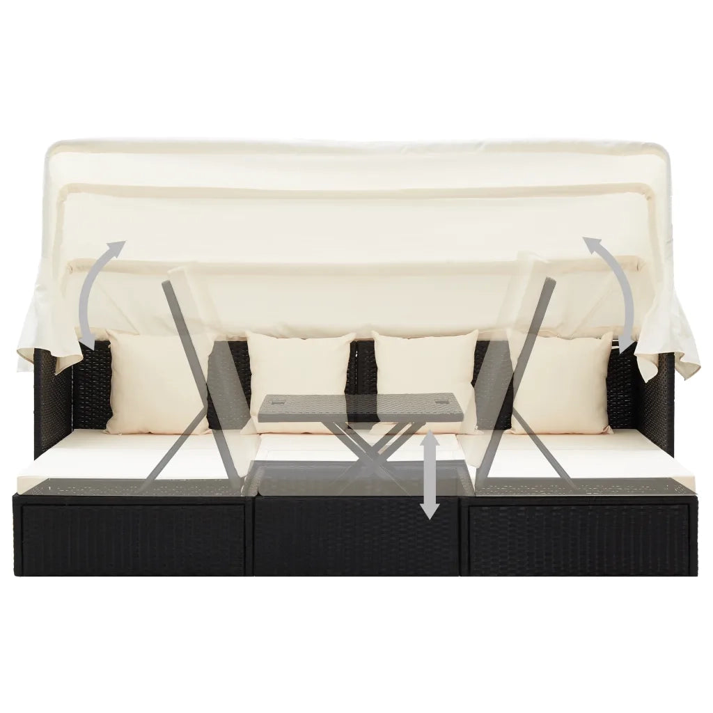 Lettino da Giardino con Tettuccio in Polyrattan Nero 46156
