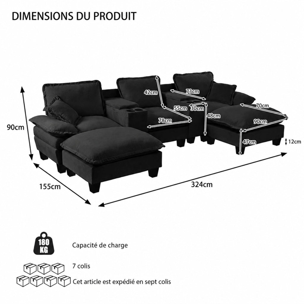 Divano angolare modulare a U con porta USB, porta bicchieri, contenitore, 2 pouf e 2 cuscini in chenille nero