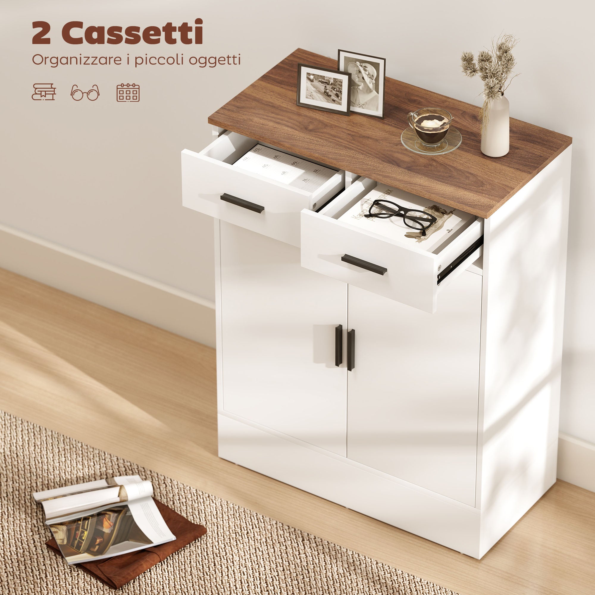 Credenza Moderna 68,6x35x90,3 cm 2 Cassetti e Armadietto in Legno Bianco