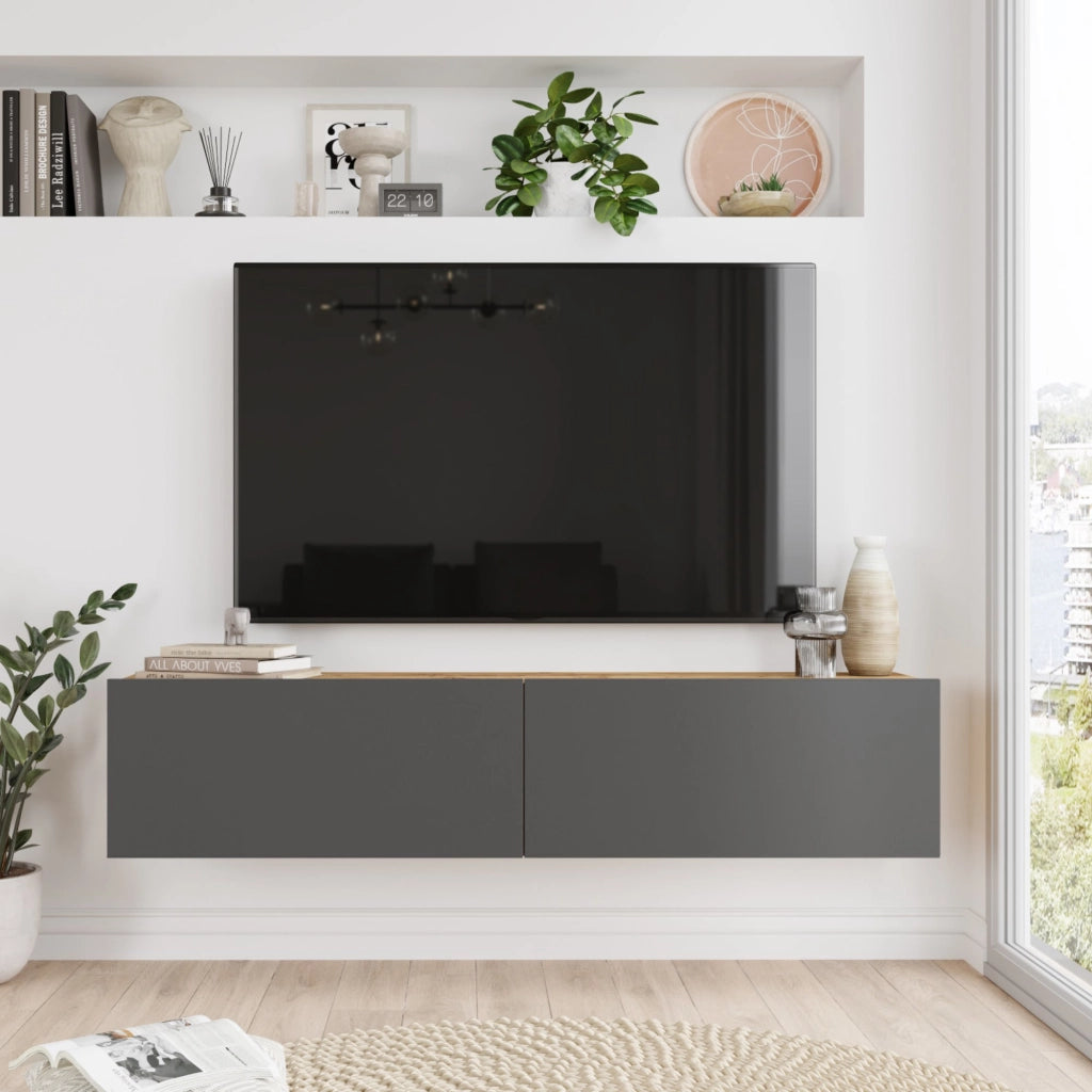 Mobile Porta TV Lapinlahti con 2 Ante a Ribalta Consolle da Parete 140 cm - Rovere Rustico / Antracite [en.casa]