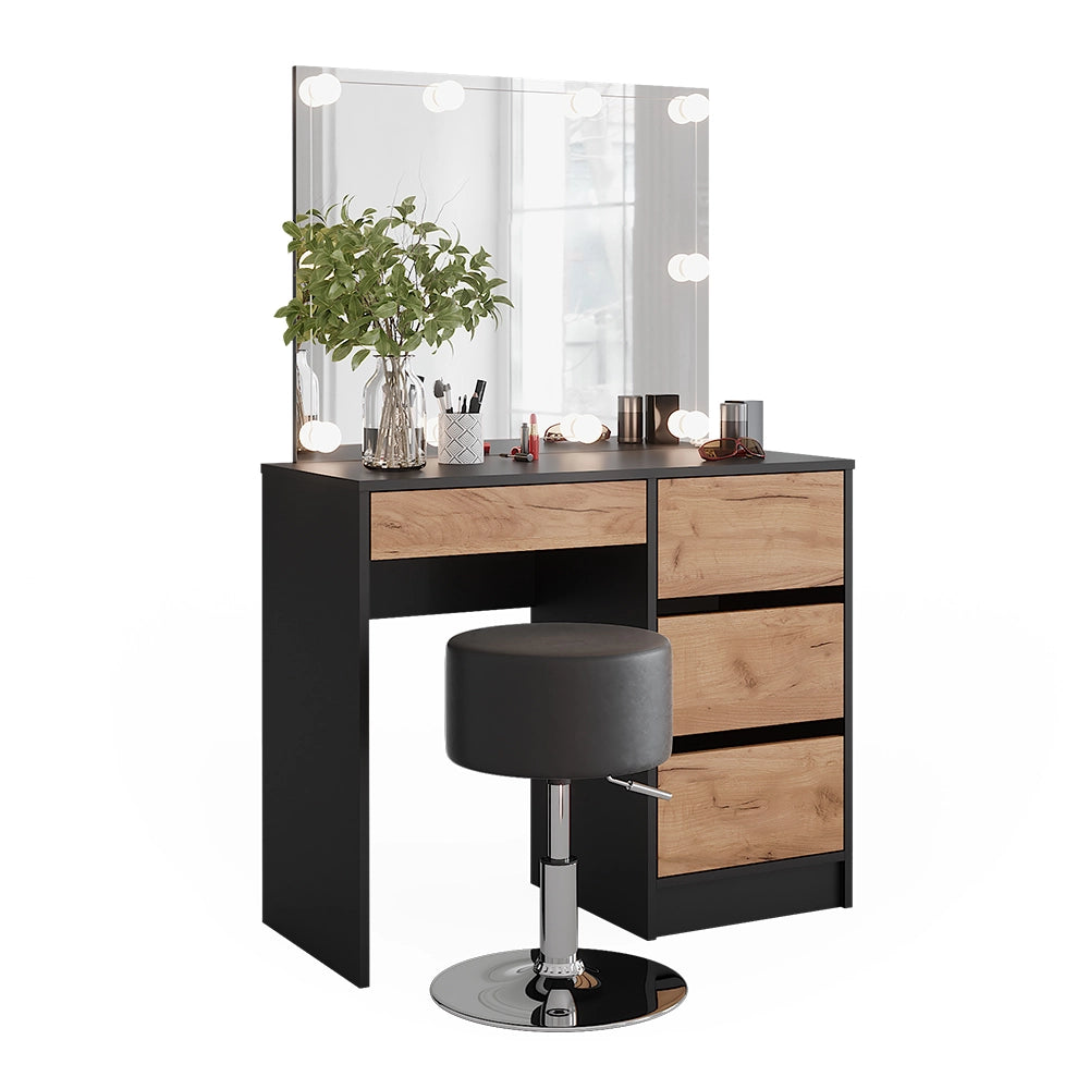 Vicco Tavolo da toilette Antracite/quercia dorata 90 x 75 cm con specchio, illuminazione LED e sgabello