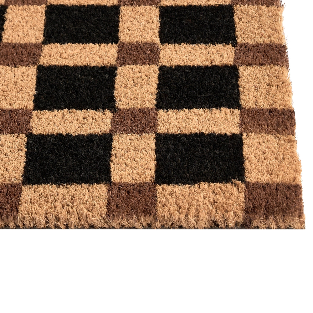 Zerbino in fibra di cocco beige e nero con fondo antiscivolo, 40 x 60 cm. Zerbino decorativo antiscivolo con motivo a quadri