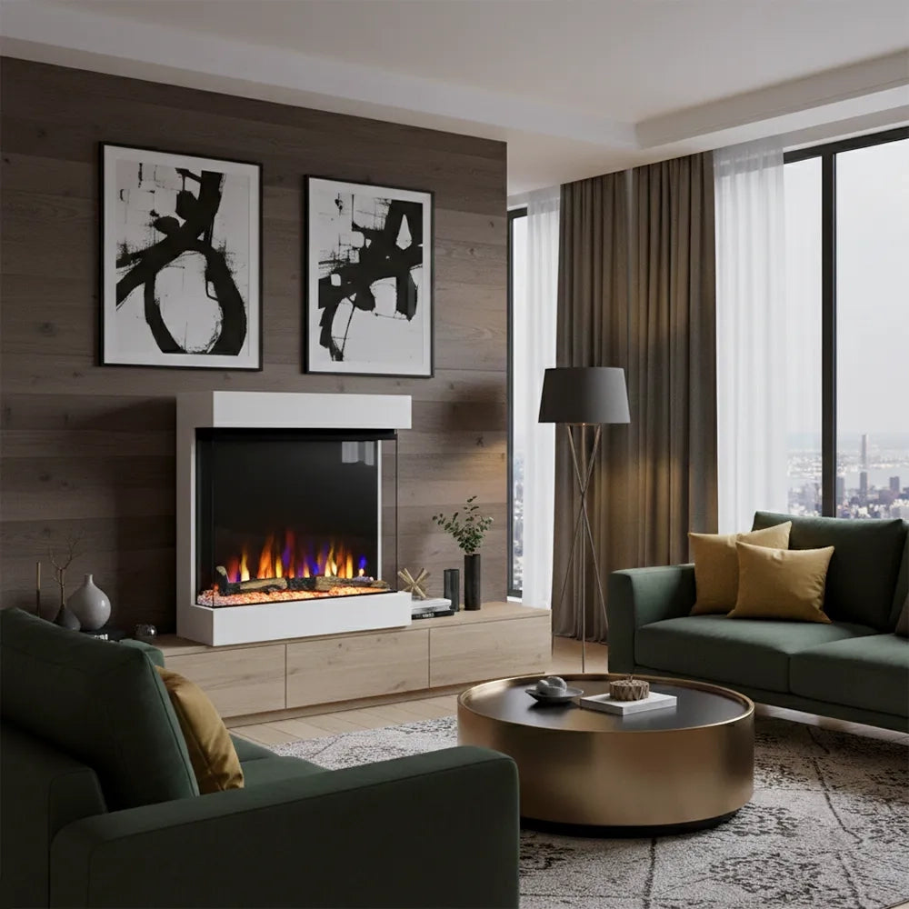 Tempo Style - Caminetto elettrico CALLIOPE Bianco con cornice in legno MDF effetto fuoco reale 750 - 1.500 W