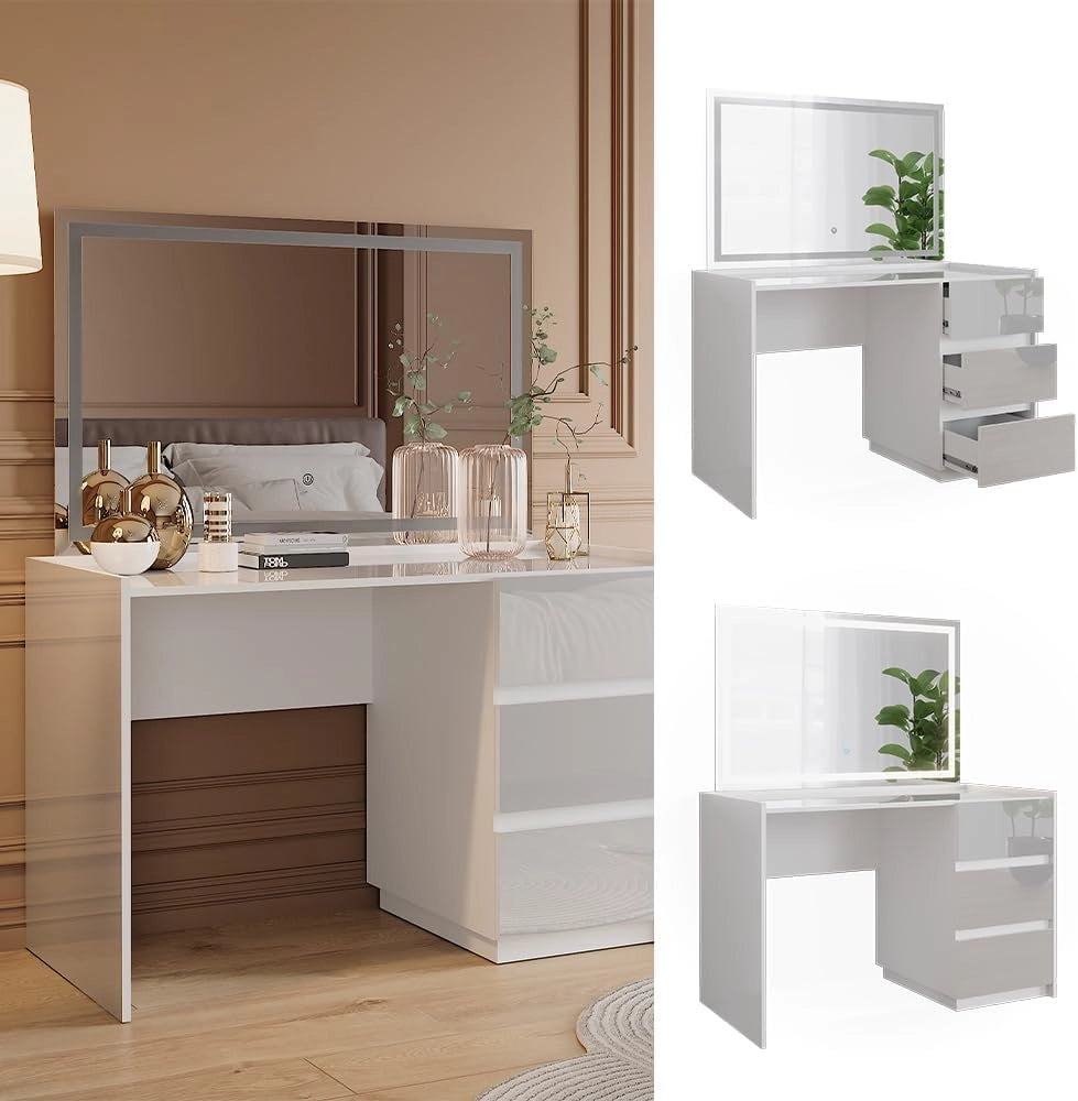 Tavolo da toilette Marla, Bianco lucido, 120 cm con specchio a LED, Ampia superficie del tavolo per trucco, gioielli e accessori per lo styling