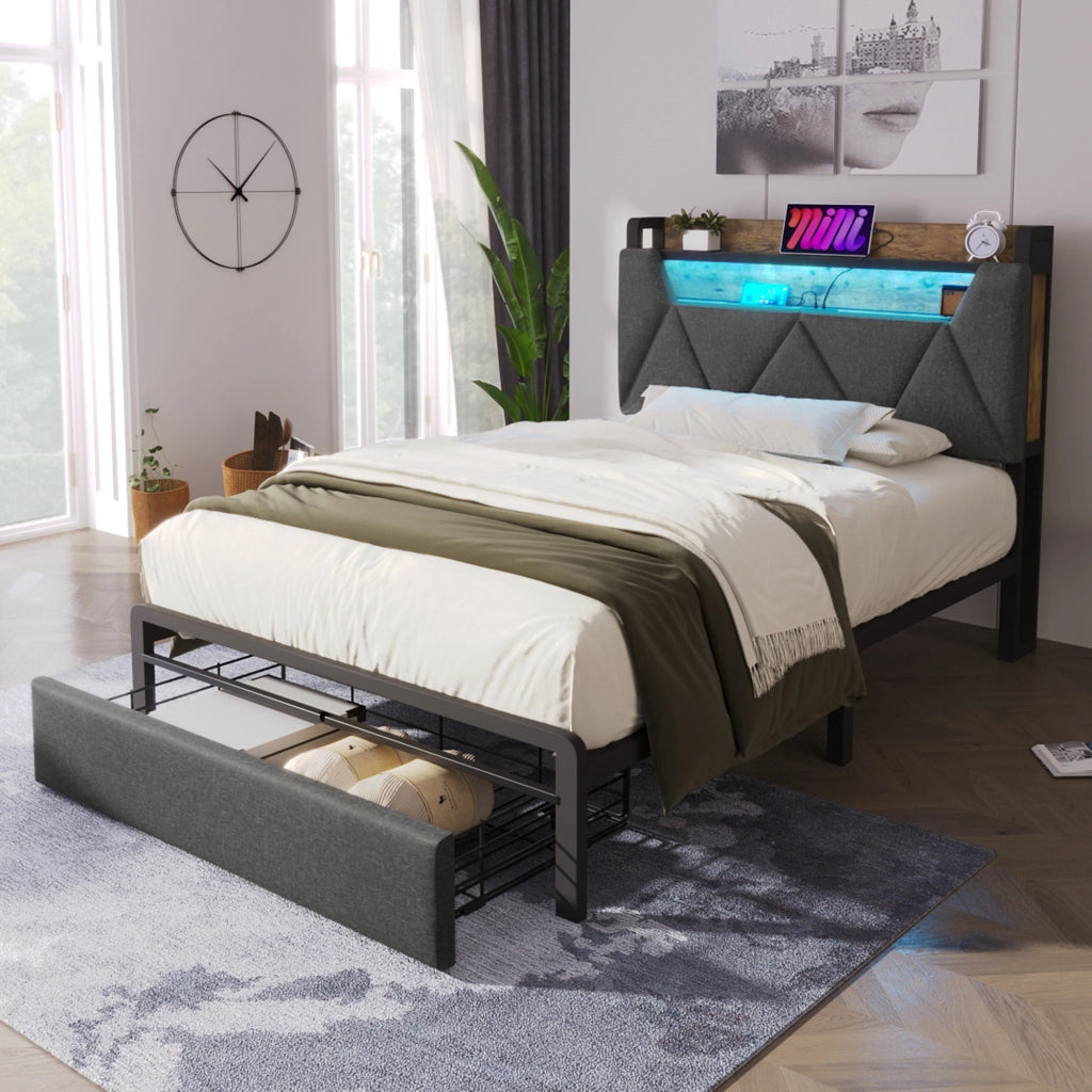 LETTO 90x200 cm in lino grigio con testiera contenitore, LED e cassetti