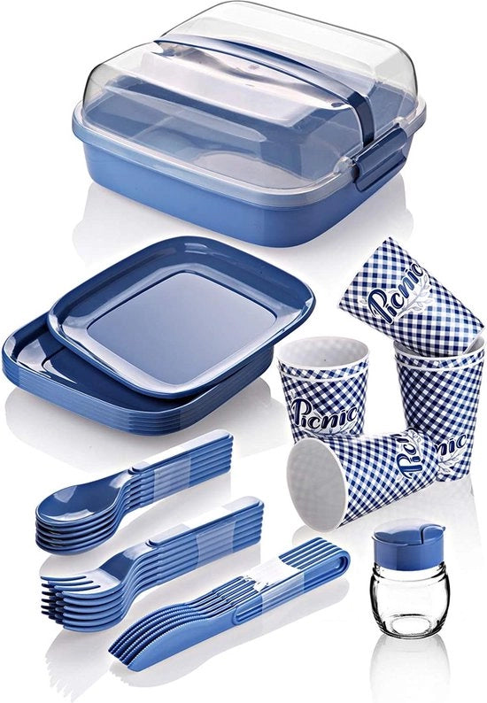 Set da picnic per 6 persone, BPA-free, servizio da campeggio, forchetta, coltello, cucchiaio, piatto, bicchiere, contenitore da picnic, sacchetto da picnic