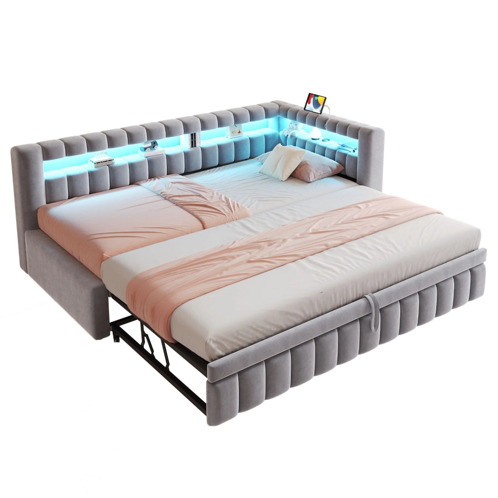 Letto imbottito estraibile 90x200 cm con LED, porte USB e Type-C, velluto grigio chiaro