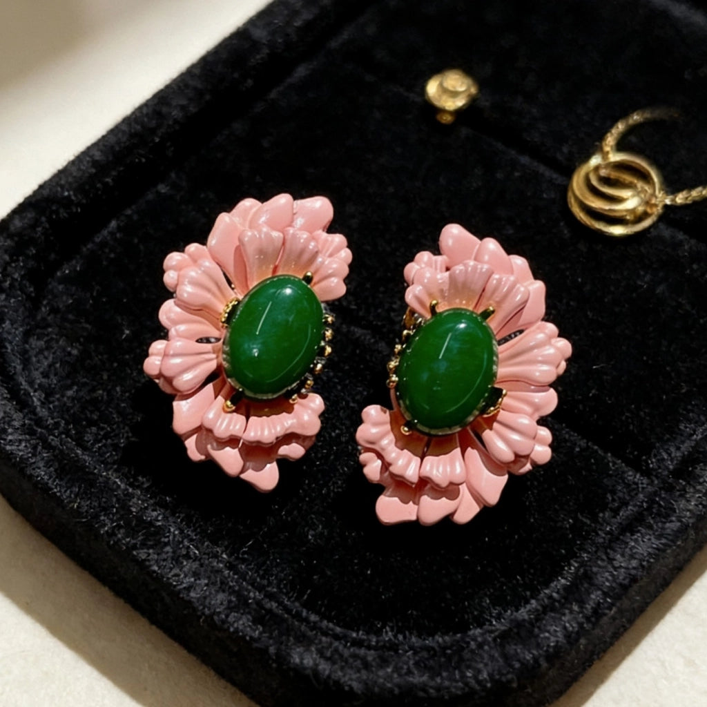 Orecchini a lobo da donna in stile corte francese con fiore di begonia rosa, orecchini floreali eleganti e retr¨° di nicchia.