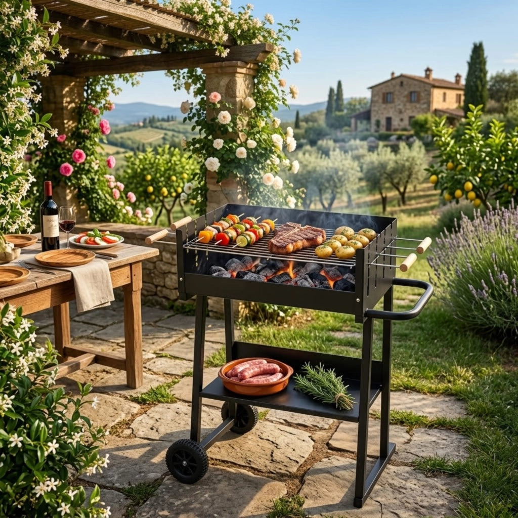 Barbecue A Carbonella Con Telaio In Acciaio Termoresistente Griglia Regolabile Ripiano Inferiore E Design Funzionale Per Outdoor Cooking 87 x 52 x 90 Cm Nero