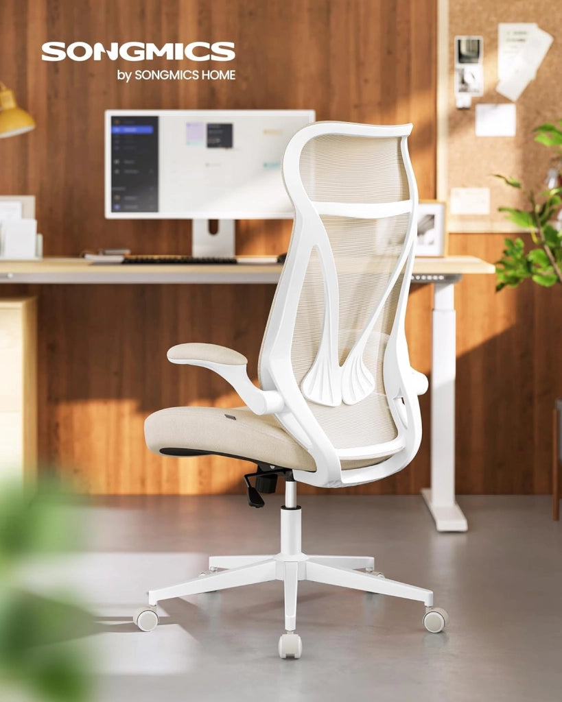 SONGMICS Sedia da Ufficio, Sedia da Scrivania, Schienale Ergonomico, Altezza Regolabile, Braccioli Ribaltabili, Poltrona Girevole con Poggiatesta, Portata 150 kg, Beige Cappuccino OBN088K01
