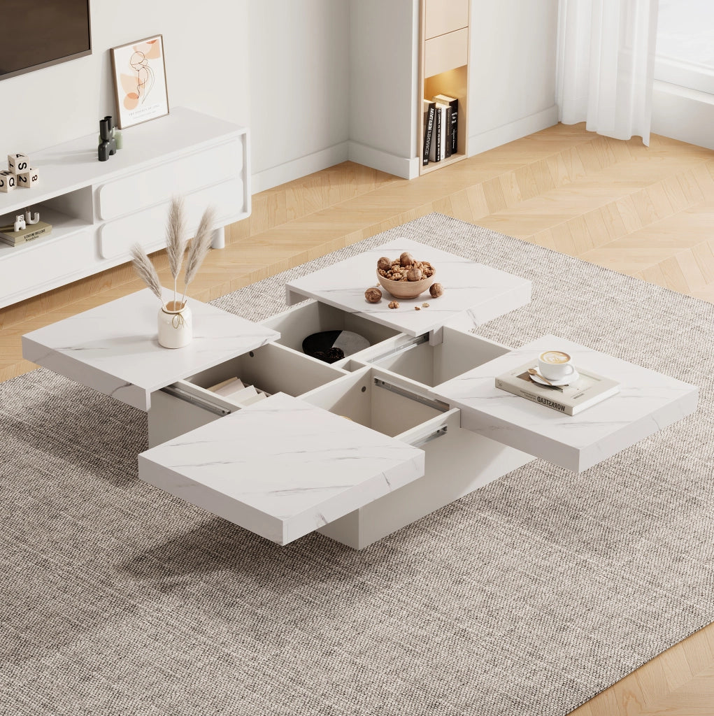 Tavolino da caffè quadrato bianco 90 x 90 x 25 cm in truciolare; effetto marmo; con 4 cassetti