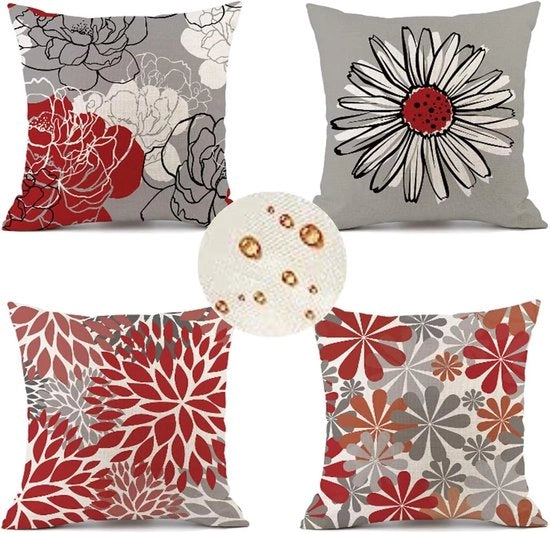 Set di cuscini per giardino 40 cm x 40 cm, 4 pezzi, disegno di fiori rossi, tessuto impermeabile, cuscini per divani quadrati, cuscini decorativi, adatti per giardini, terrazze, divani, sedie e altre decorazioni esterne.