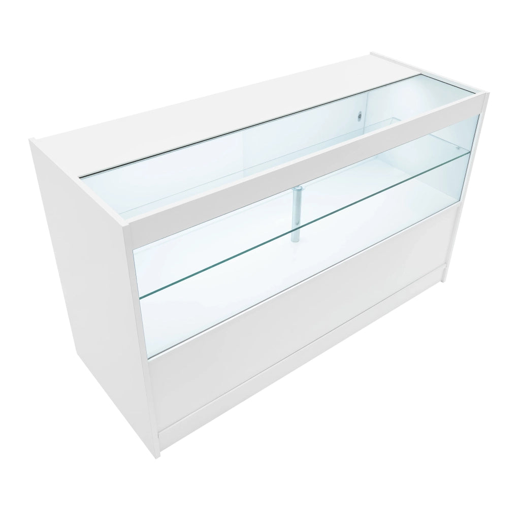 Bancone LED Bianco C1500 con Vetrina, 3 Ripiani e Ante Scorrevoli Bloccabili