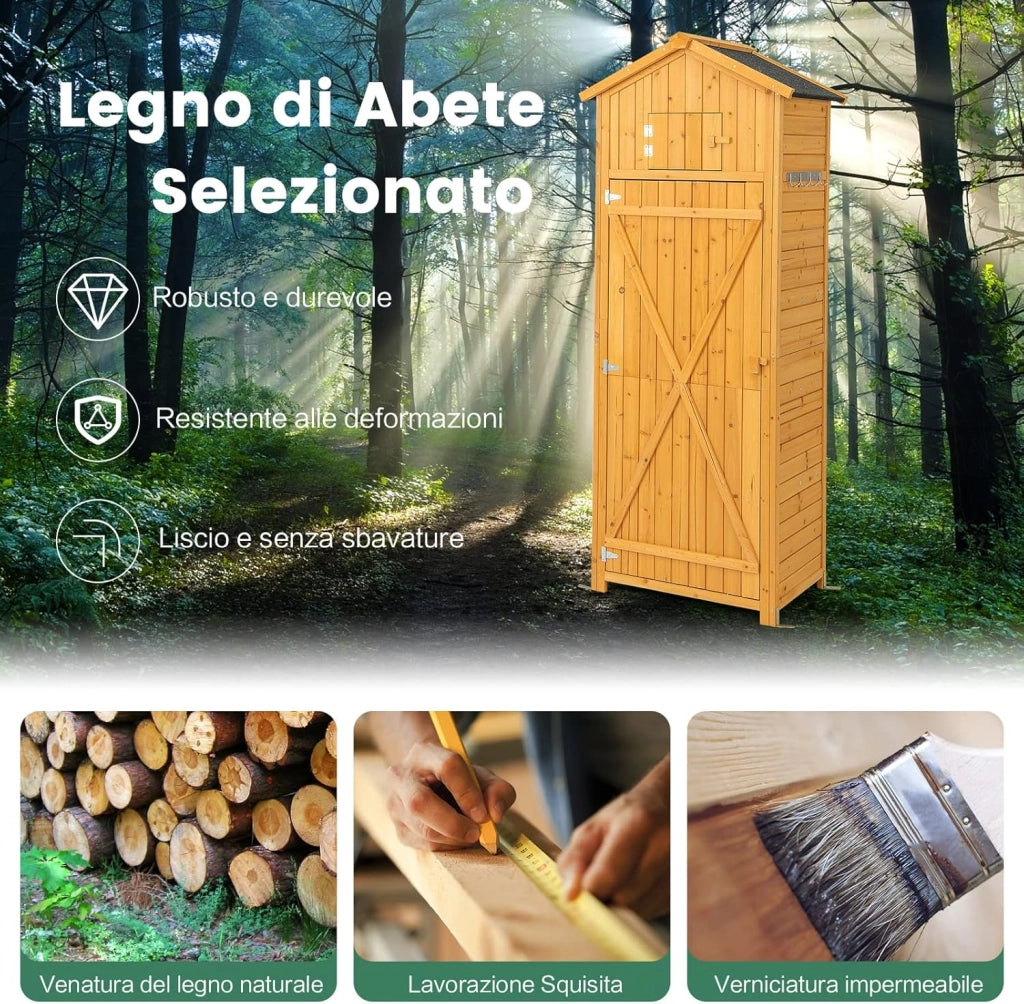 Armadio da Esterno in Legno, Capanno da Giardino con Serratura, Tavolo Pieghevole, Tetto Impermeabile, Ganci, Ripiani Rimovibili e 4 Staffe Metalliche, per Patio, Giardino e Cortile (Legno)