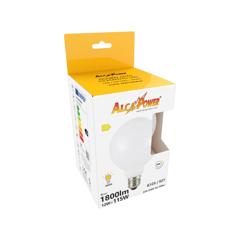Alcapower Lampadina LED G125 Filamento Vetro Bianco 12W E27 1800lm 4000K Luce Naturale 360 Gradi, Efficienza Energetica Classe D, Ø125x175mm