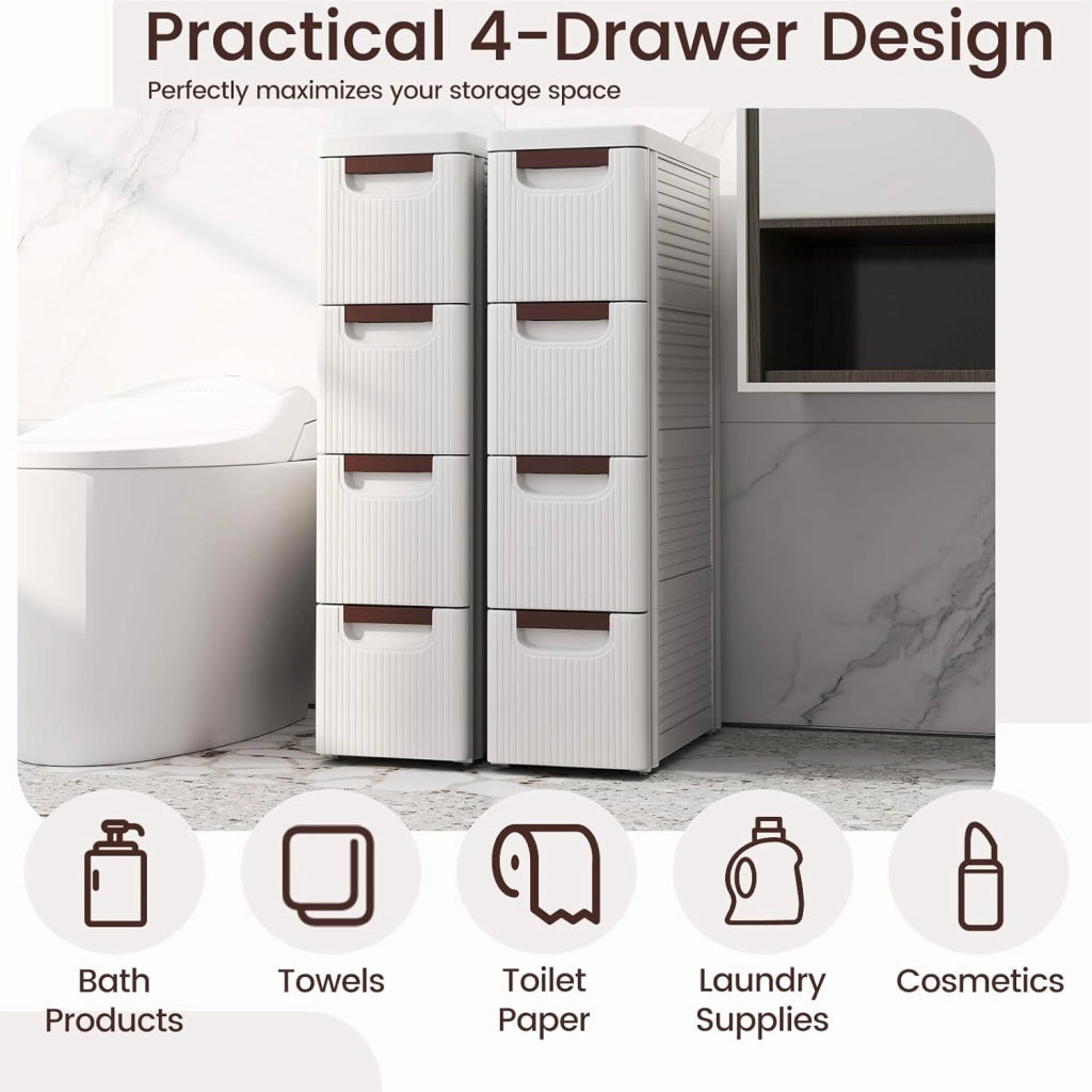 Mobiletto Stretto con Ruote, Carrello e Organizzatore Slim con 3/4/5/6 Cassetti per Spazi Piccoli, Cassettiera di Plastica per Soggiorno, Bagno, Cucina, Bianco (42 x 19 x 74 cm)
