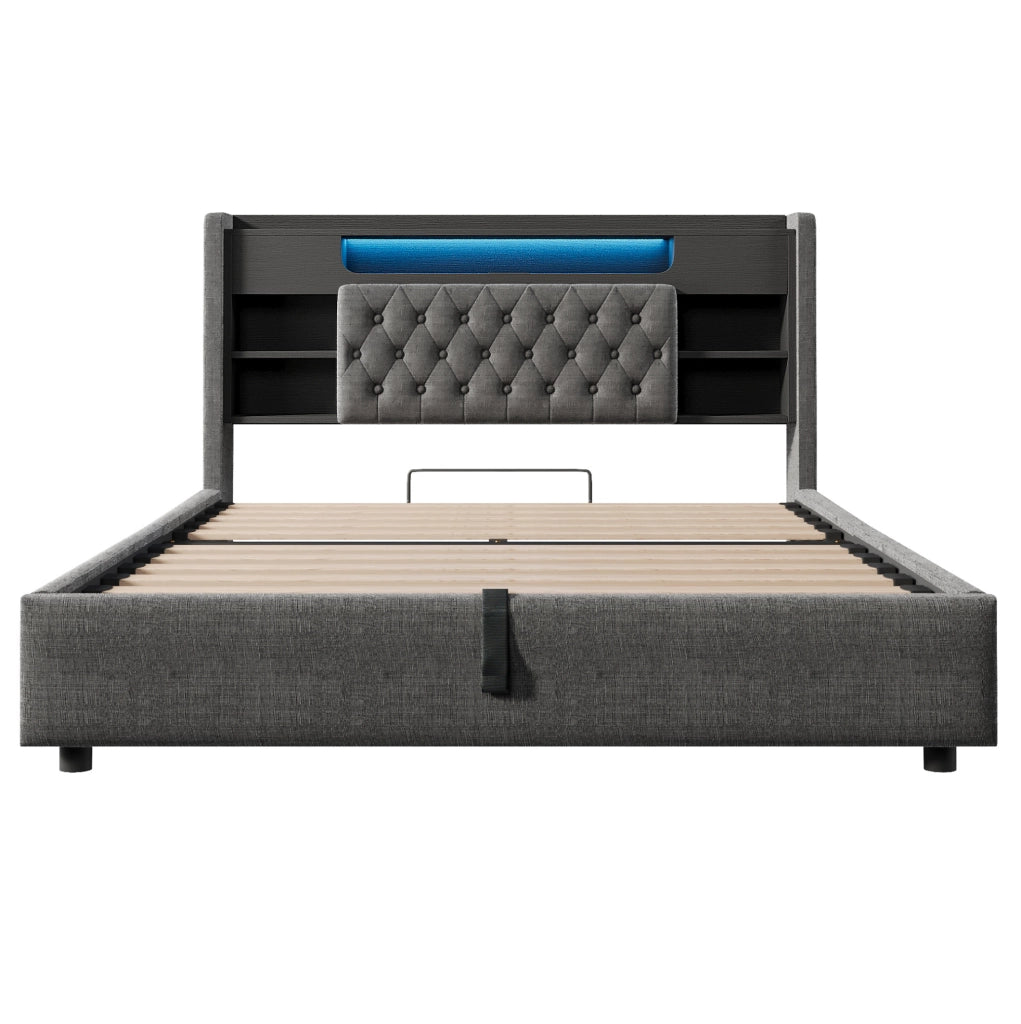 Letto matrimoniale 140x190 cm in tessuto effetto lino grigio con contenitore; LED e porte USB