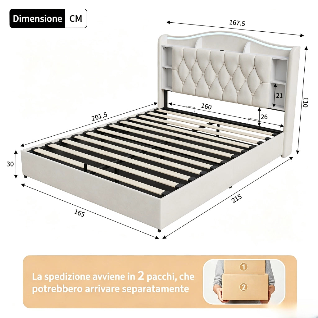 Letto matrimoniale 160x200 cm con contenitore LED RGB USB testiera rete a doghe velluto metallo legno - beige
