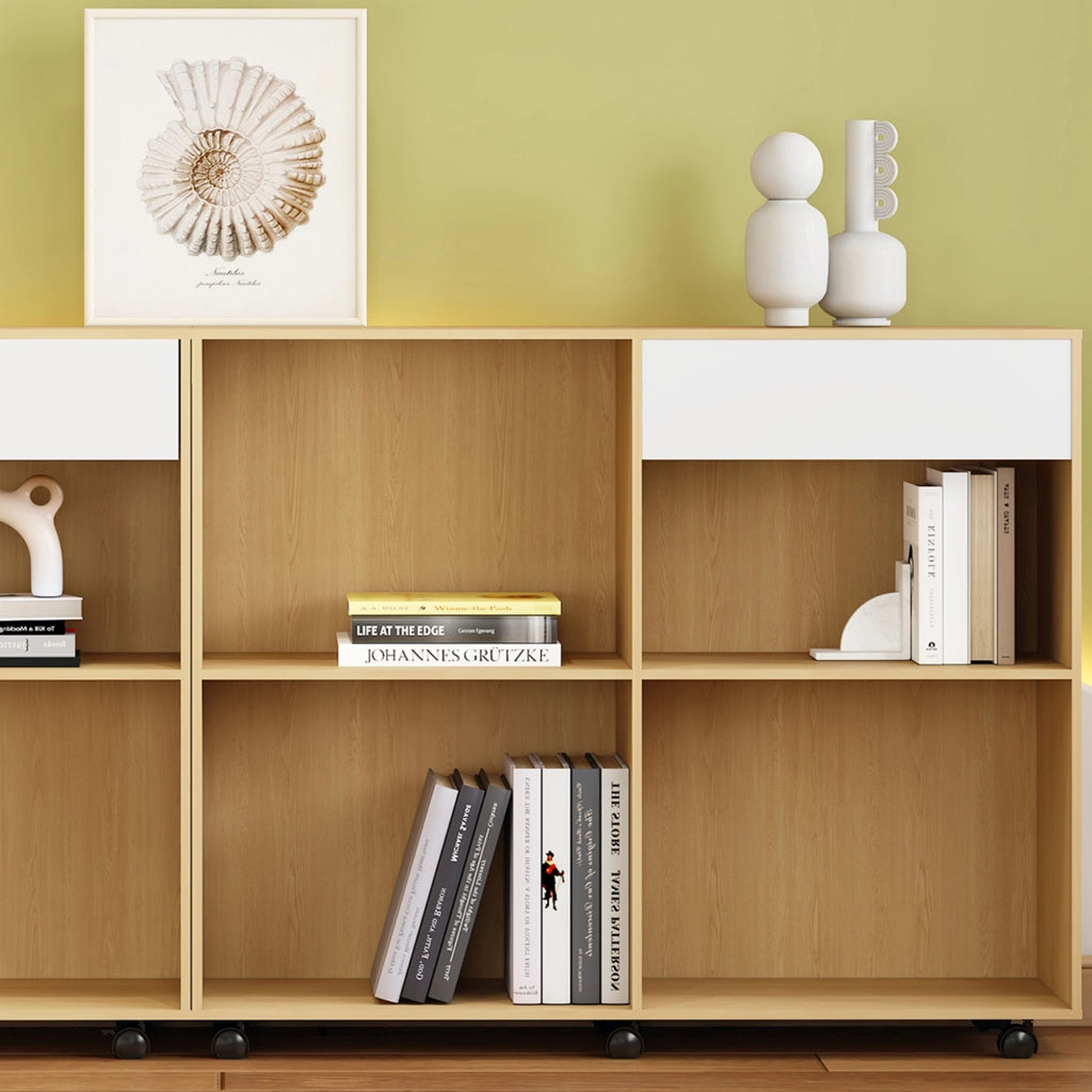 Mobile contenitore modulare con ripiani aperti e rotelle per soggiorno, camera e ufficio in MDF bianco e rovere chiaro