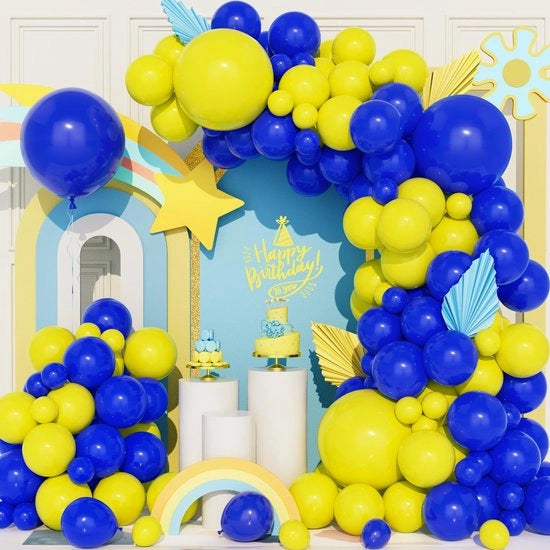 Kit di gonfiaggio a forma di pallone 111 pezzi - palloni in lattice blu/gialli - palloni in lattice - decorazione per feste - compleanno/lauree - istruzioni di sicurezza