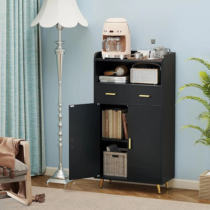 Mobiletto Bagno Salvaspazio 60 x 30 x 113 cm, Credenza Soggiorno con Ante, 2 Cassetti e Ripiano Regolabile, Armadietto da Cucina per Sala da Pranzo e Lavanderia (Nero)