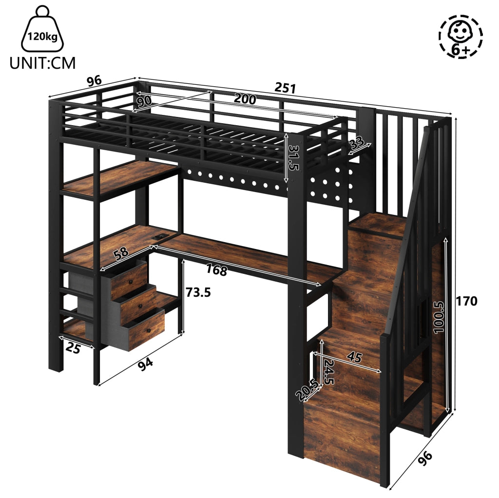 LETTO a soppalco 90x200 cm in metallo e MDF nero con scrivania