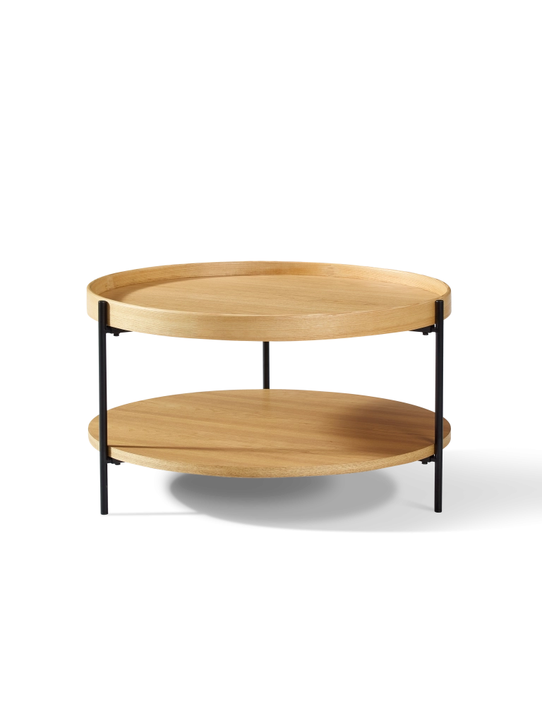 Tavolino basso rotondo con 2 ripiani, design moderno, in legno massello e MDF, naturale, per soggiorno, 69 × 69 × 38 cm