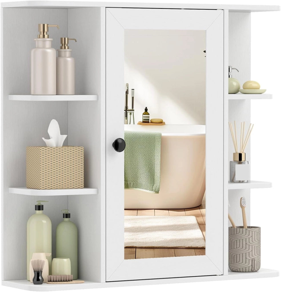 Mobile Bagno da Parete, Armadietto Pensile in Legno con 1 Anta, 6 Scomparti Aperti e 3 Ripiani, Mobiletto da Bagno Salvaspazio per Soggiorno e Camera da Letto, 66 x 16,5 x 63 cm (Marrone)