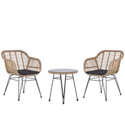 Set da 3 pezzi da bistrot, in finto rattan marrone, con gambe a forcina in metallo nero, piano in vetro