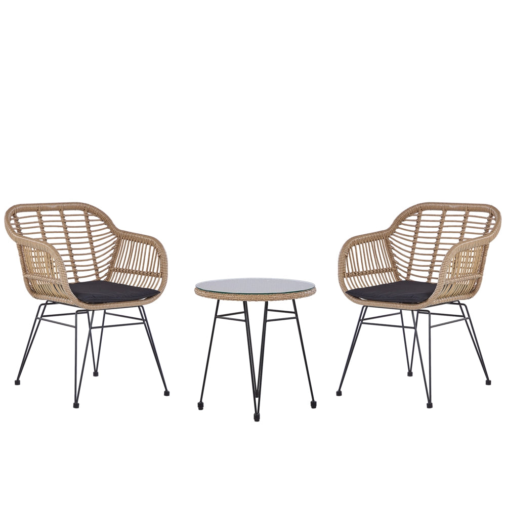Set da 3 pezzi da bistrot, in finto rattan marrone, con gambe a forcina in metallo nero, piano in vetro